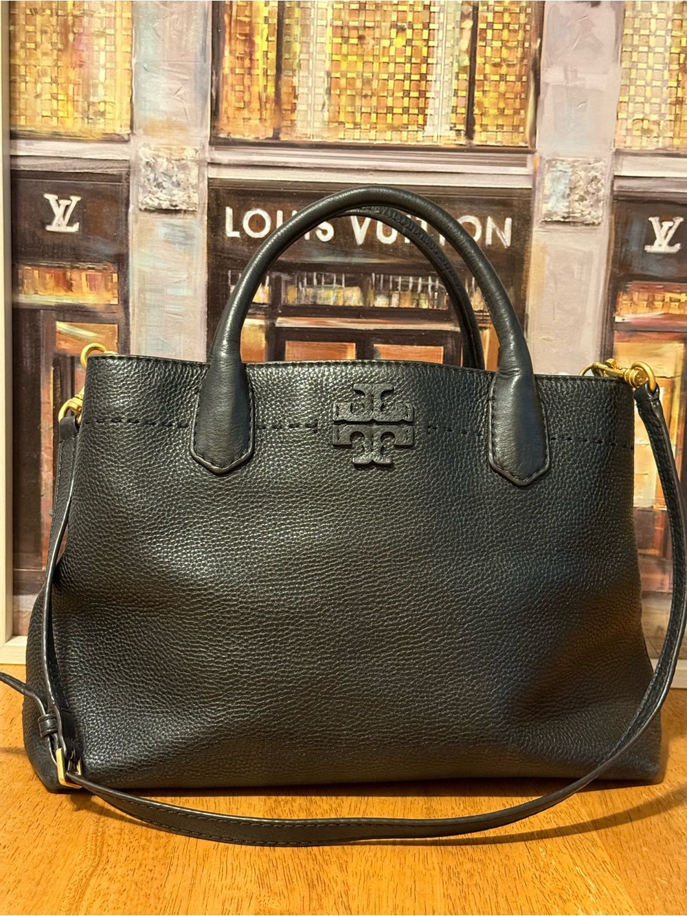 TORY BURCH Classic Black Leather Tote Bag with Gold Hardware